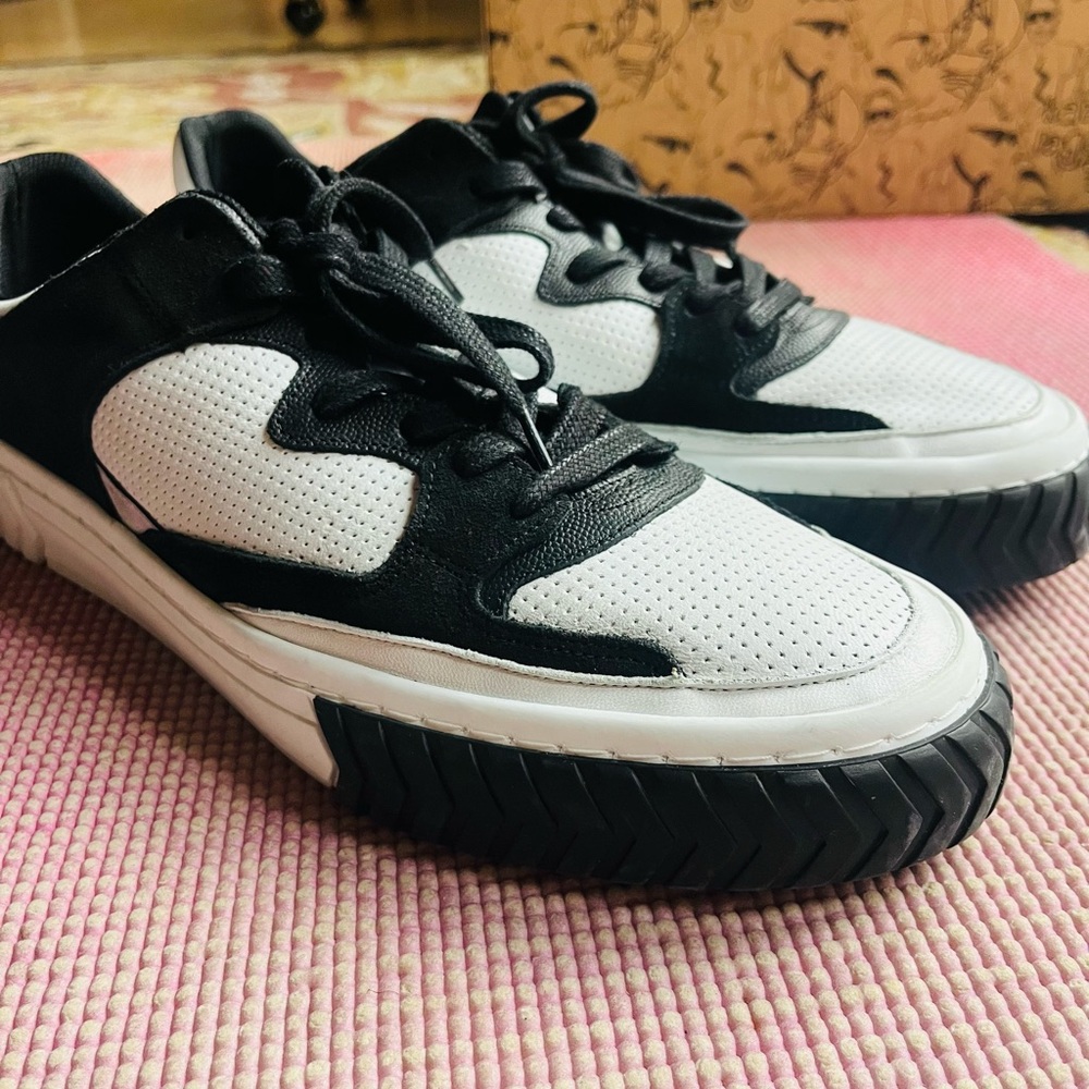 Karl Lagerfeld Paris, Black and White Leather Sneakers